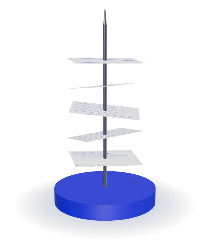 A cobalt receipt spike holding five printed monthly statements